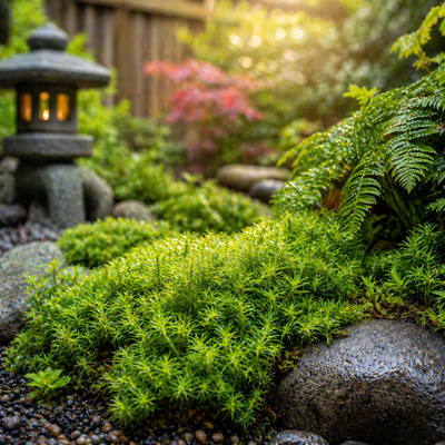 A dark gray stone lantern with warm glowing interior light featured with hedwigia ciliate moss