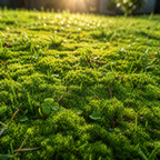 Lawn moss featuring a lush vibrant green carpet of tiny clover leaves and delicate grass blades under warm sunlight