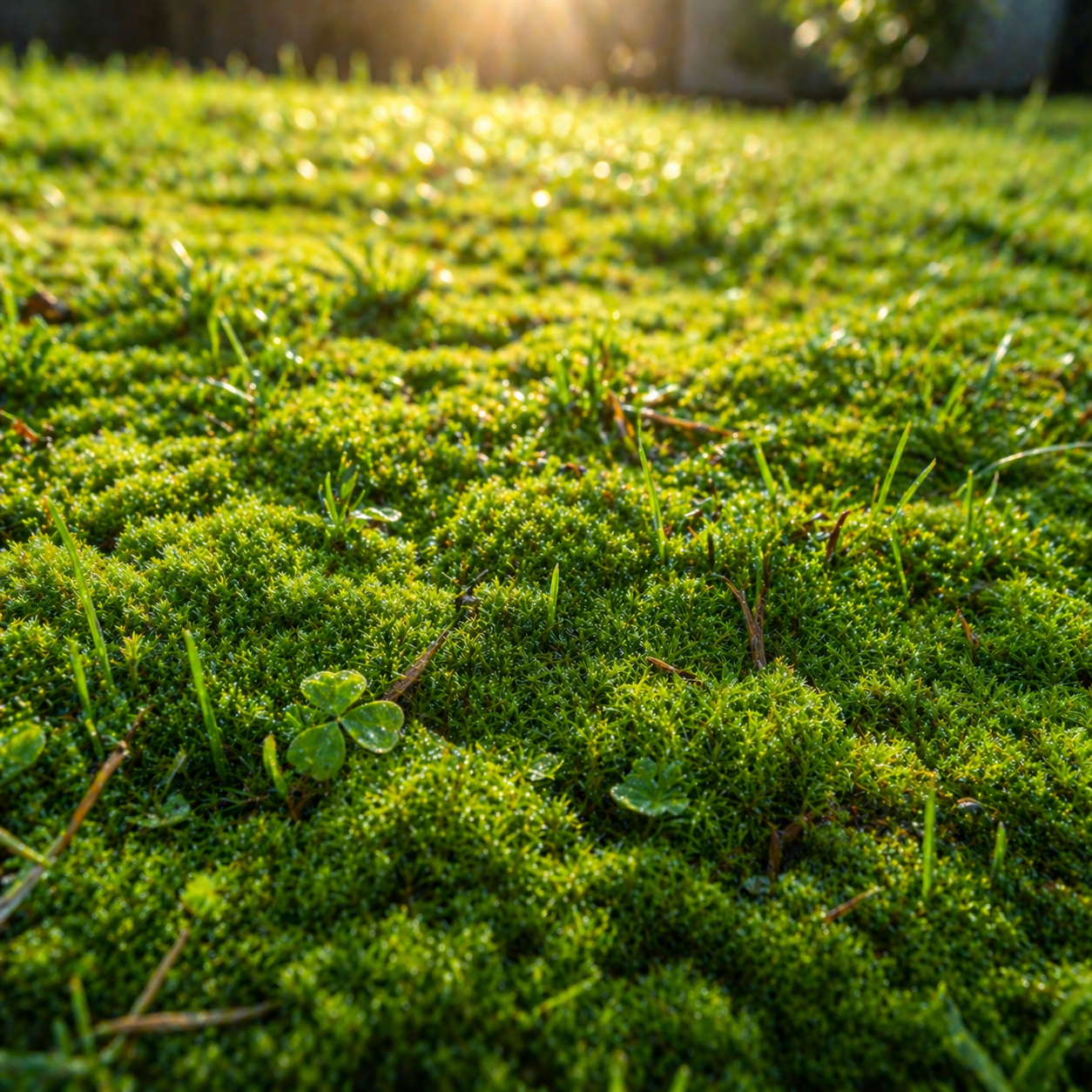 Lawn moss featuring a lush vibrant green carpet of tiny clover leaves and delicate grass blades under warm sunlight