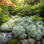 Fuzzy pale green reindeer moss clusters nestled among smooth river stones and vibrant ferns in a serene garden setting