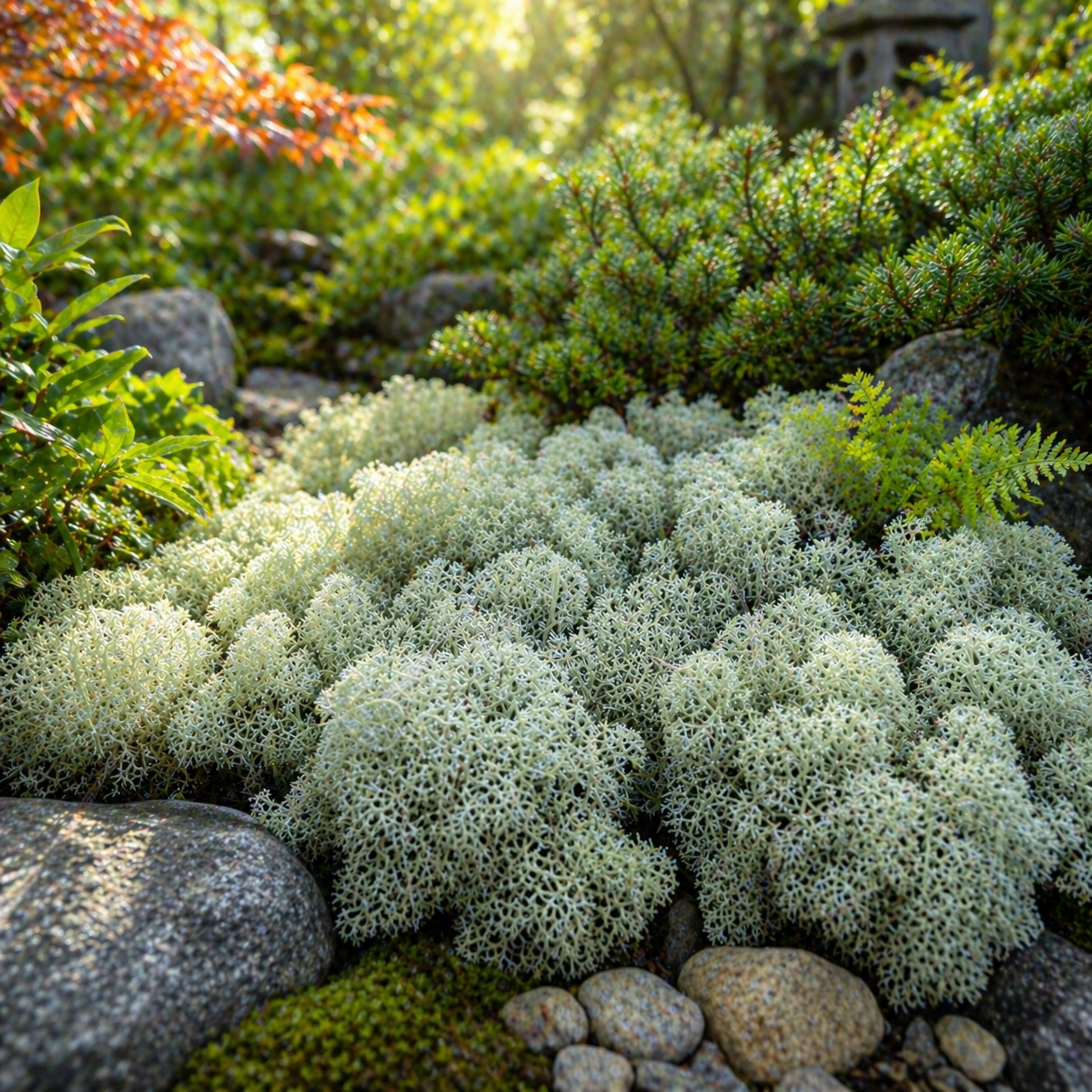 Fuzzy pale green reindeer moss clusters nestled among smooth river stones and vibrant ferns in a serene garden setting
