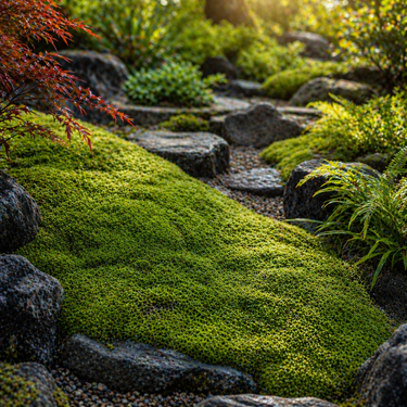 Sheet moss with lush emerald green color forming a dense velvety carpet between dark gray stones