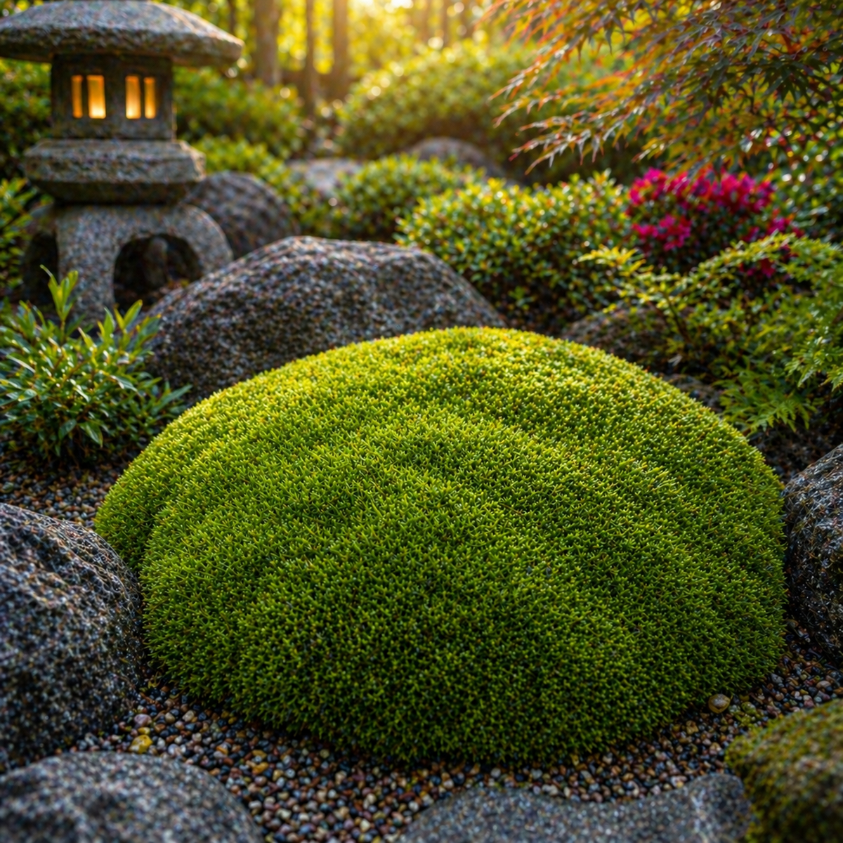 Cushion moss vibrant green densely textured moss mound nestled among dark gray stones in a serene japanese garden