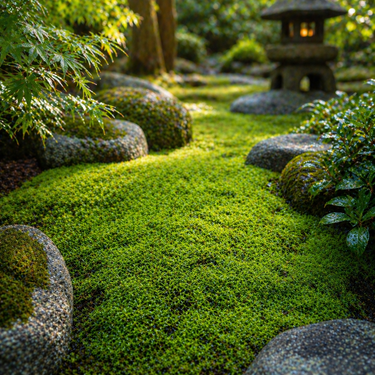 Carpet moss features lush emerald-green moss framed by weathered gray stones for serene japanese gardens