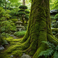 Tree moss featuring lush green moss clinging to bark and roots in a serene garden setting