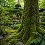 Tree moss featuring lush green moss clinging to bark and roots in a serene garden setting
