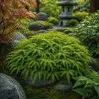 Fern moss with vibrant green feathery dense foliage growing over smooth gray stones in a tranquil garden setting