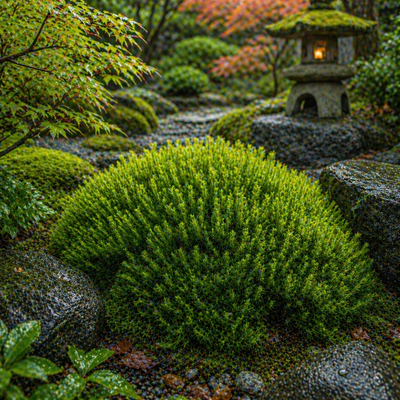 Vibrant green broom forkmoss on a moss-covered rock in a serene japanese garden setting