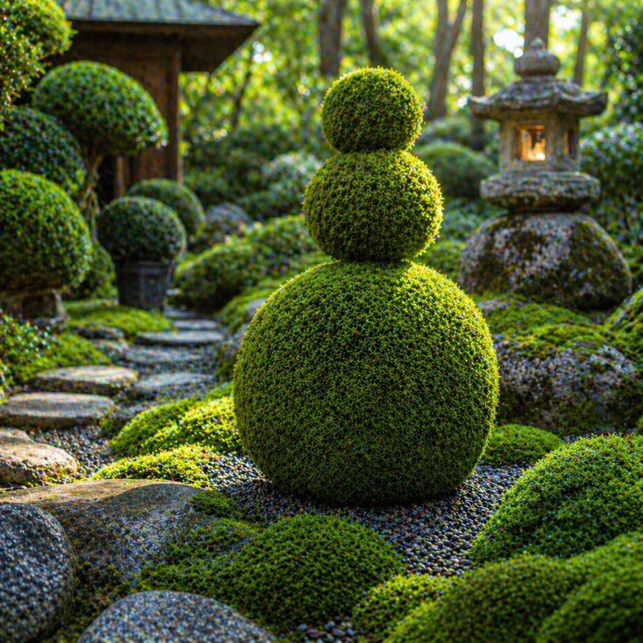 A lush vibrant green topiary moss sculpture shaped like a three tiered snowman with dense foliage