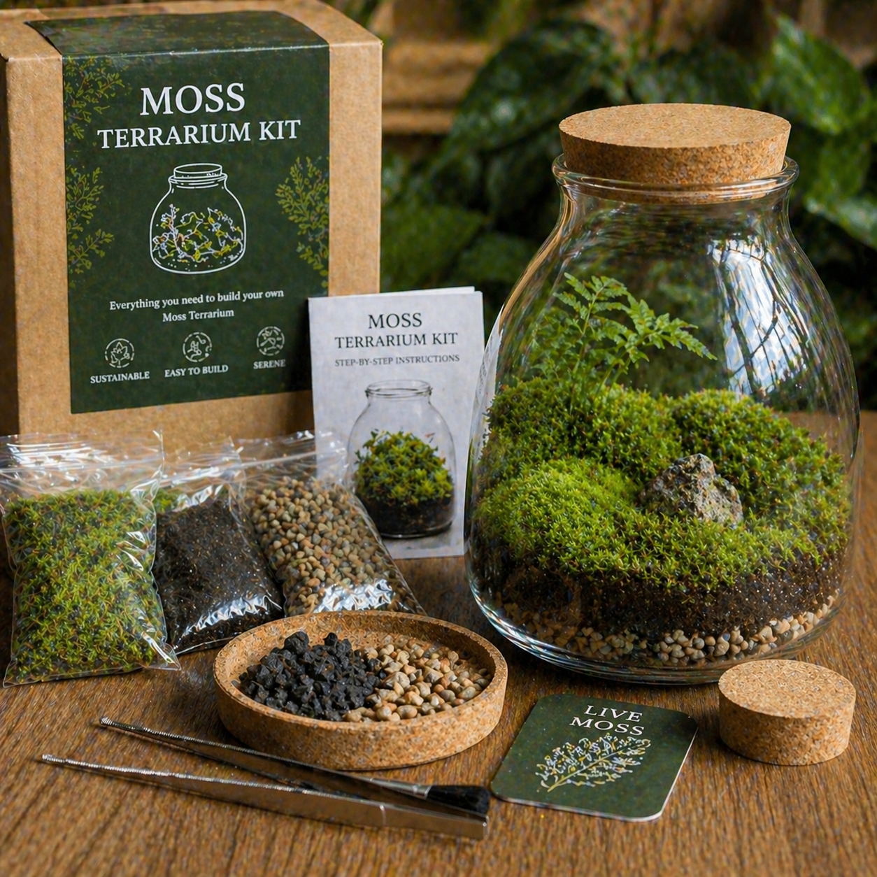 Glass jar terrarium plants kit with cork lid featuring lush green moss layered with soil and small pebbles