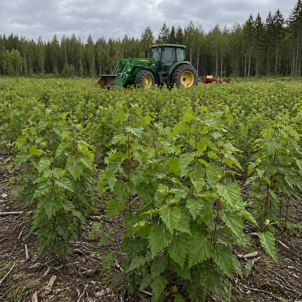 Green john deere tractor with yellow wheels working in a field of young river birch seedlings trees