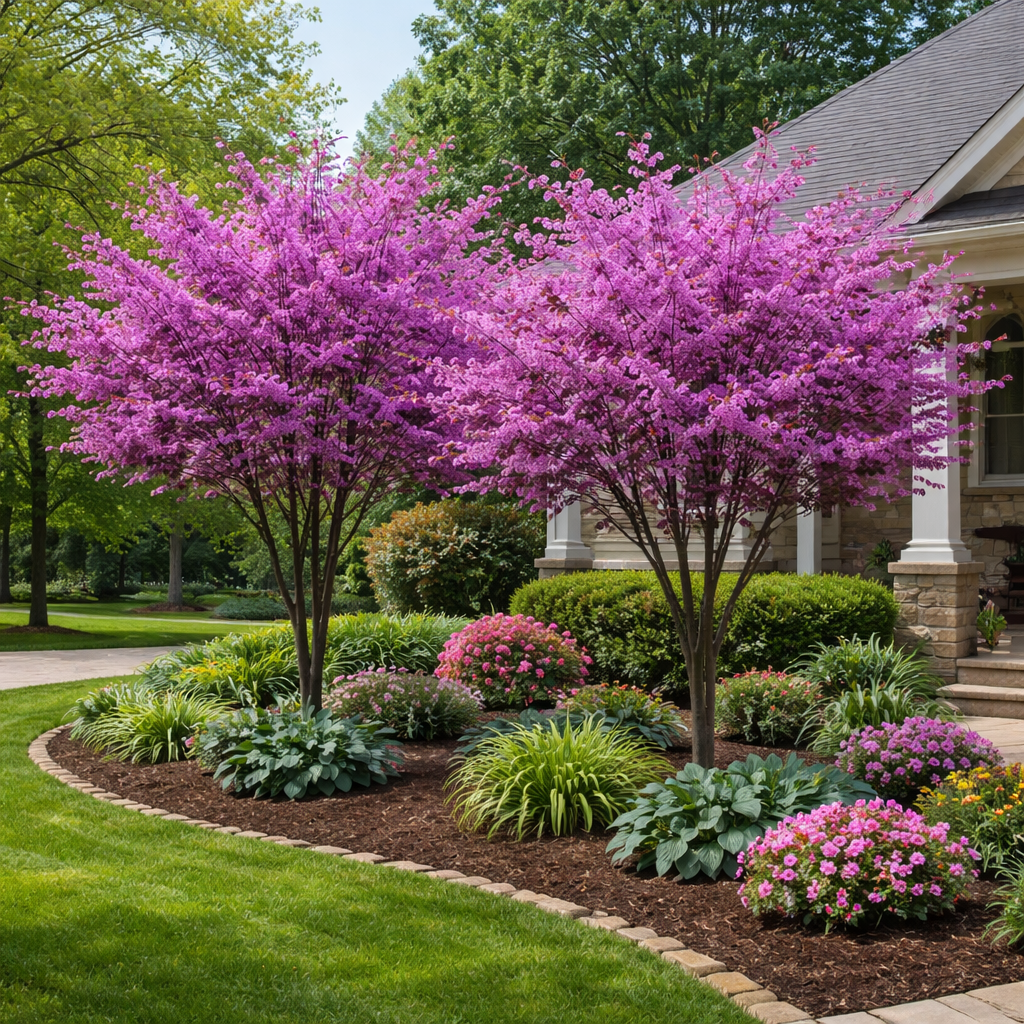 Two vibrant purple flowering trees with dense, blossoming canopies stand prominently in a landscaped garden bed.