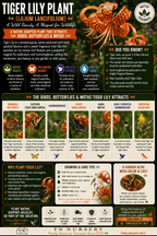 An educational infographic poster about the Tiger Lily Plant (Lilium Lancifolium) by TN Nursery, featuring a large central illustration of a blooming tiger lily, a smaller one in the top right, and multiple panels with facts, benefits, pollinators, and care instructions.