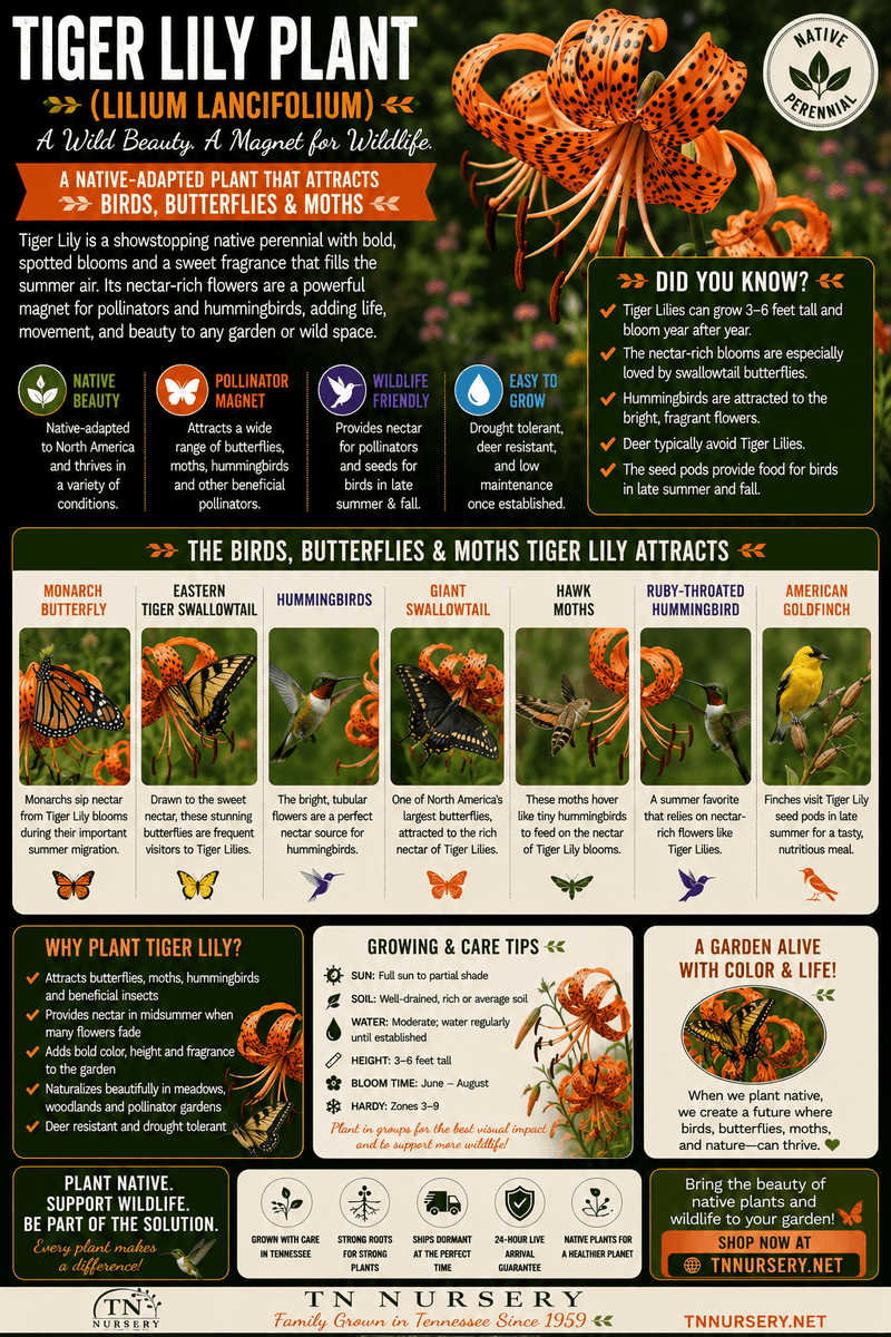 An educational infographic poster about the Tiger Lily Plant (Lilium Lancifolium) by TN Nursery, featuring a large central illustration of a blooming tiger lily, a smaller one in the top right, and multiple panels with facts, benefits, pollinators, and care instructions.