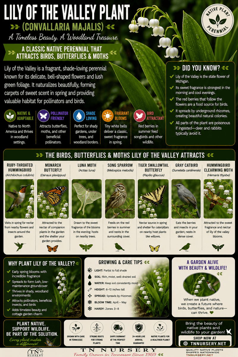 An educational garden infographic poster titled 'LILY OF THE VALLEY PLANT' featuring Convallaria Majalis. The poster is designed with a dark green background, showcasing white lily flowers, green leaves, and various butterflies and moths.