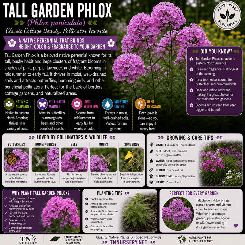 An informational graphic for Tall Garden Phlox (Phlox paniculata), showing a large cluster of purple flowers on a white background with multiple text panels detailing its characteristics, care instructions, and benefits.