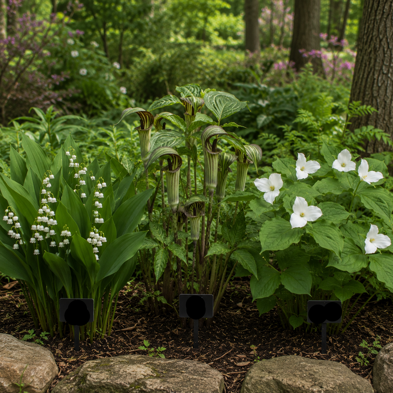 A garden bed featuring white lily of the valley flowers, green jack-in-the-pulpit with striped tubers, and white trillium plants, with small black plant labels in a mulched garden bed.