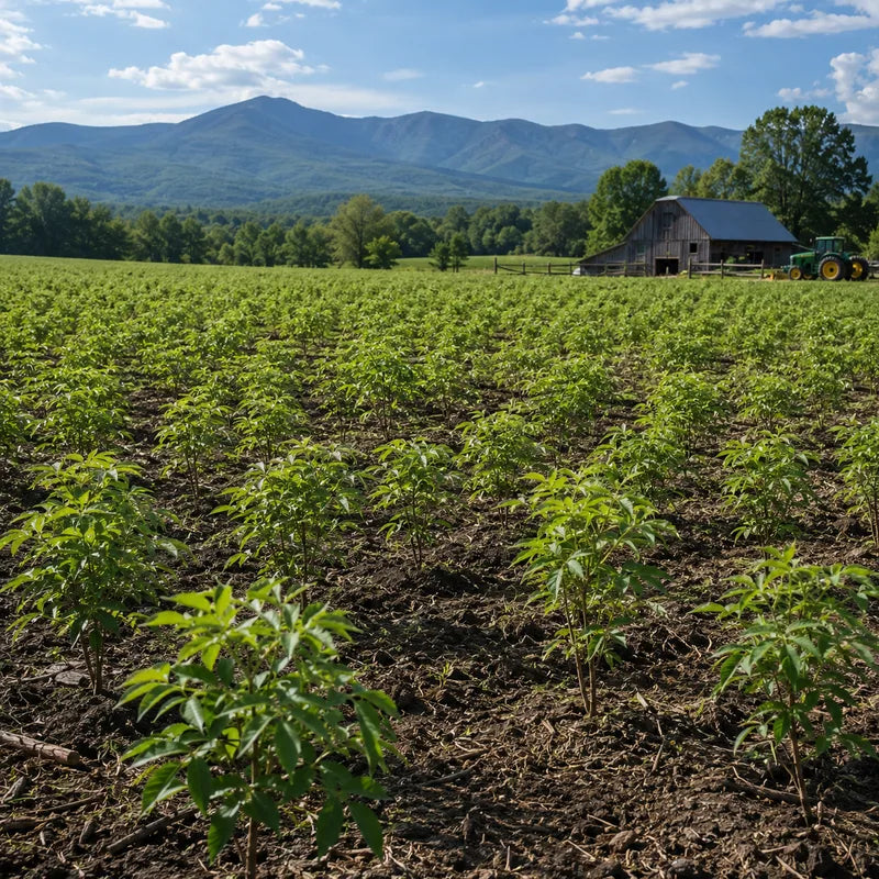 Young tomato plants growing in a field with a barn and mountains in the background - TN Nursery