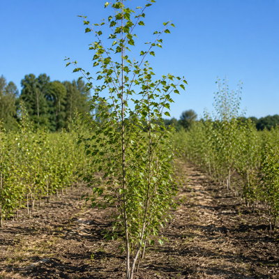 Row of young trees in a field with a clear blue sky