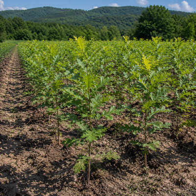 Young trees planted in rows with a mountainous landscape in the background