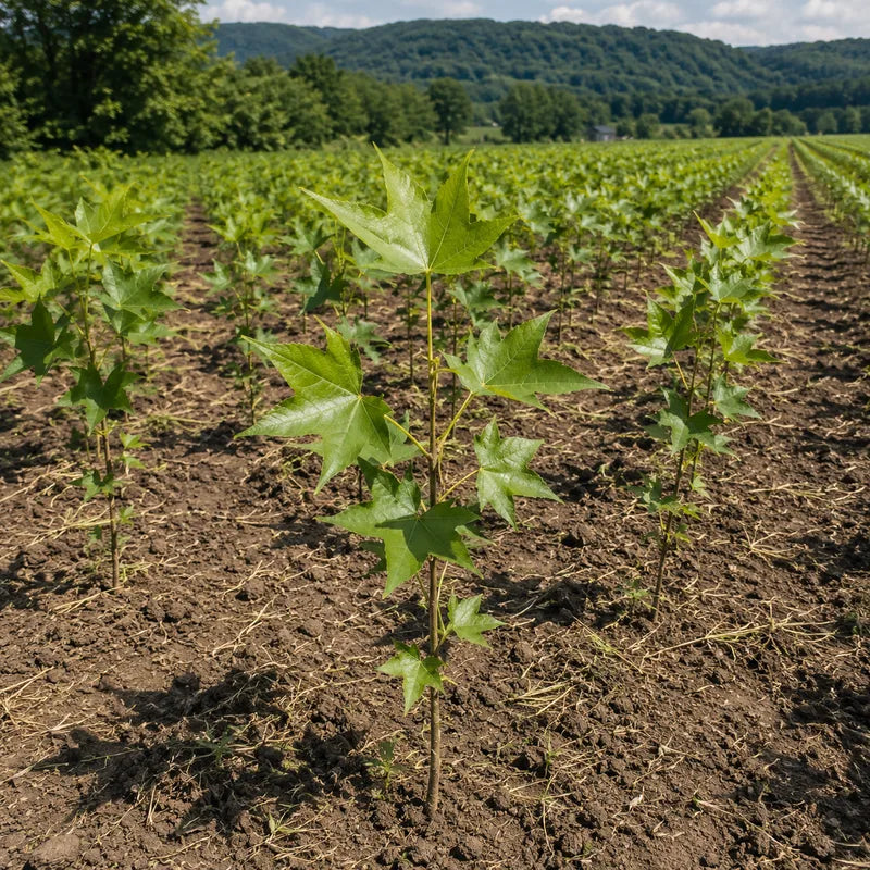 Young grapevines with palmate leaves growing in rows in a vineyard with forested hills in background - TN Nursery