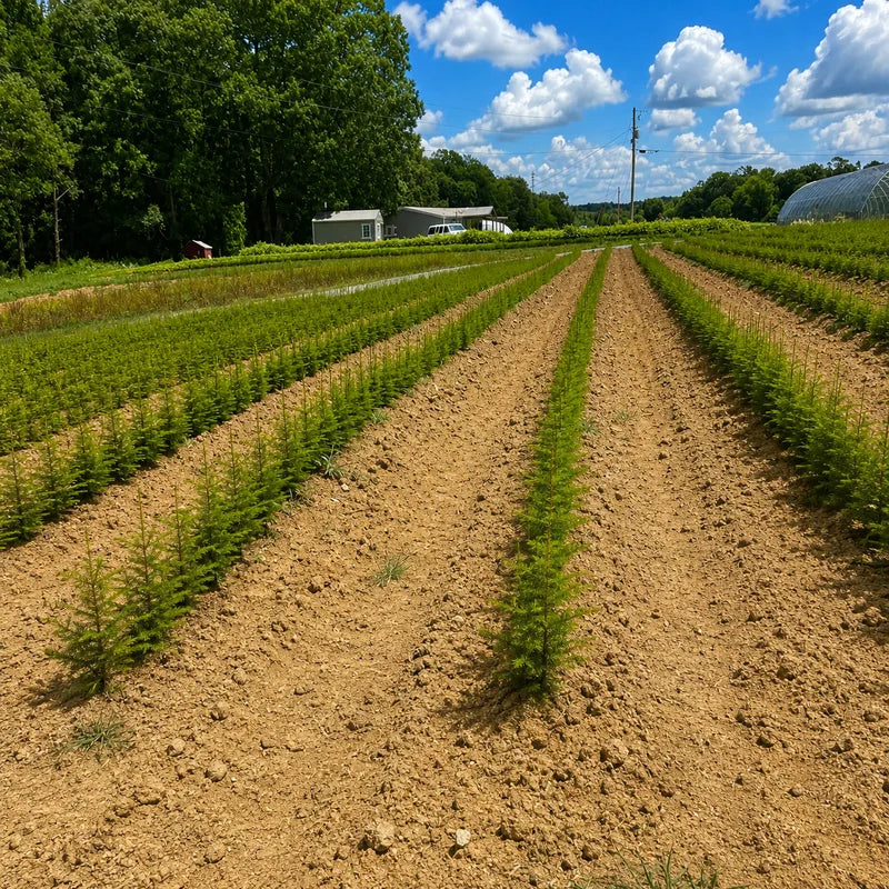 Young nursery trees planted in rows in a field with farm buildings and trees in the background - TN Nursery