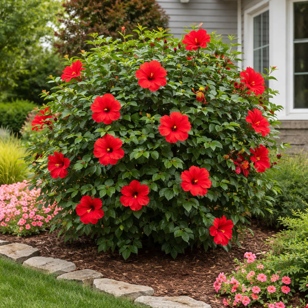 Vibrant red hibiscus shrub with lush green leaves and yellow centers in garden