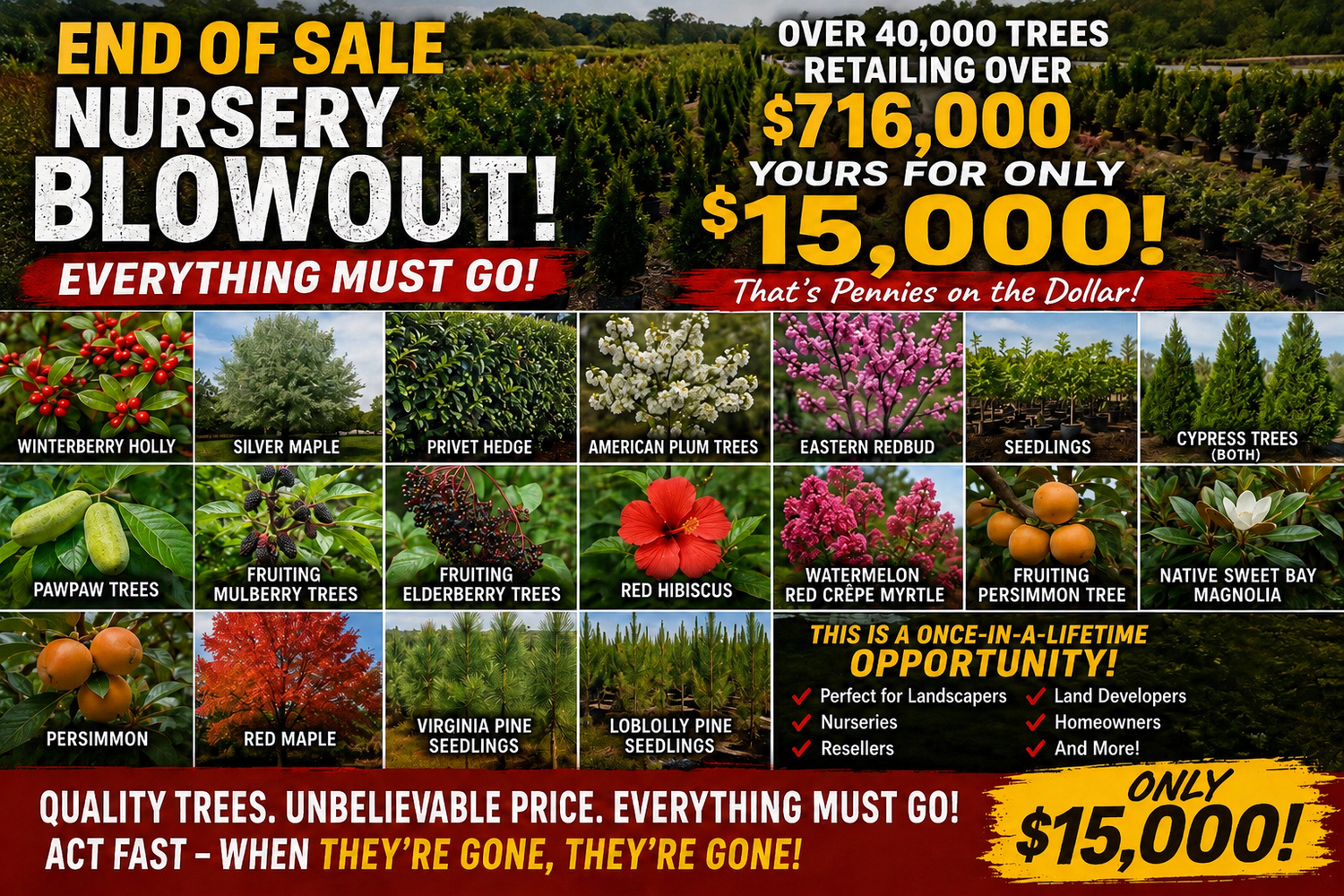 A vibrant nursery blowout ad for end of season closeout with over 40,000 trees for 15,000 retail 716,000