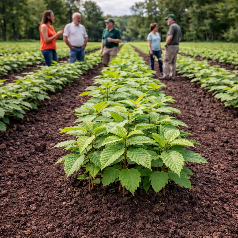 Young raspberry plants with green serrated leaves growing in neat rows in a field, with people touring the farm in the background - TN Nursery