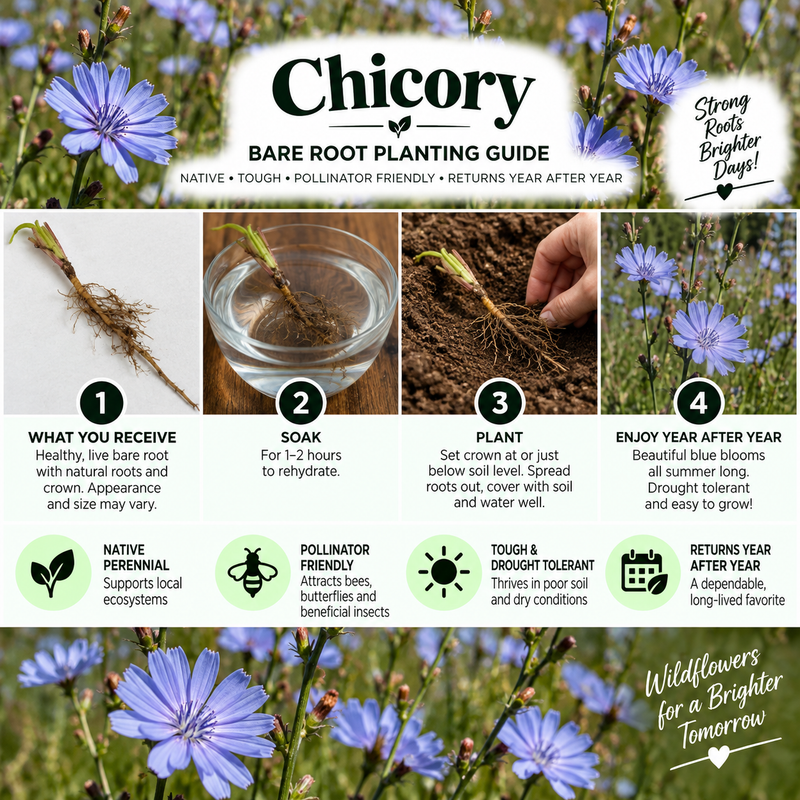A Chicory Bare Root Planting Guide infographic showing four steps: what you receive, soak, plant, and enjoy year after year. The graphic features blue chicory flowers, a hand planting a sprig, and text detailing product benefits, with a Chicory logo at the top and wildflower imagery at the bottom.