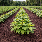 Rows of Chinese chestnut seedlings in vibrant green lines on dark soil