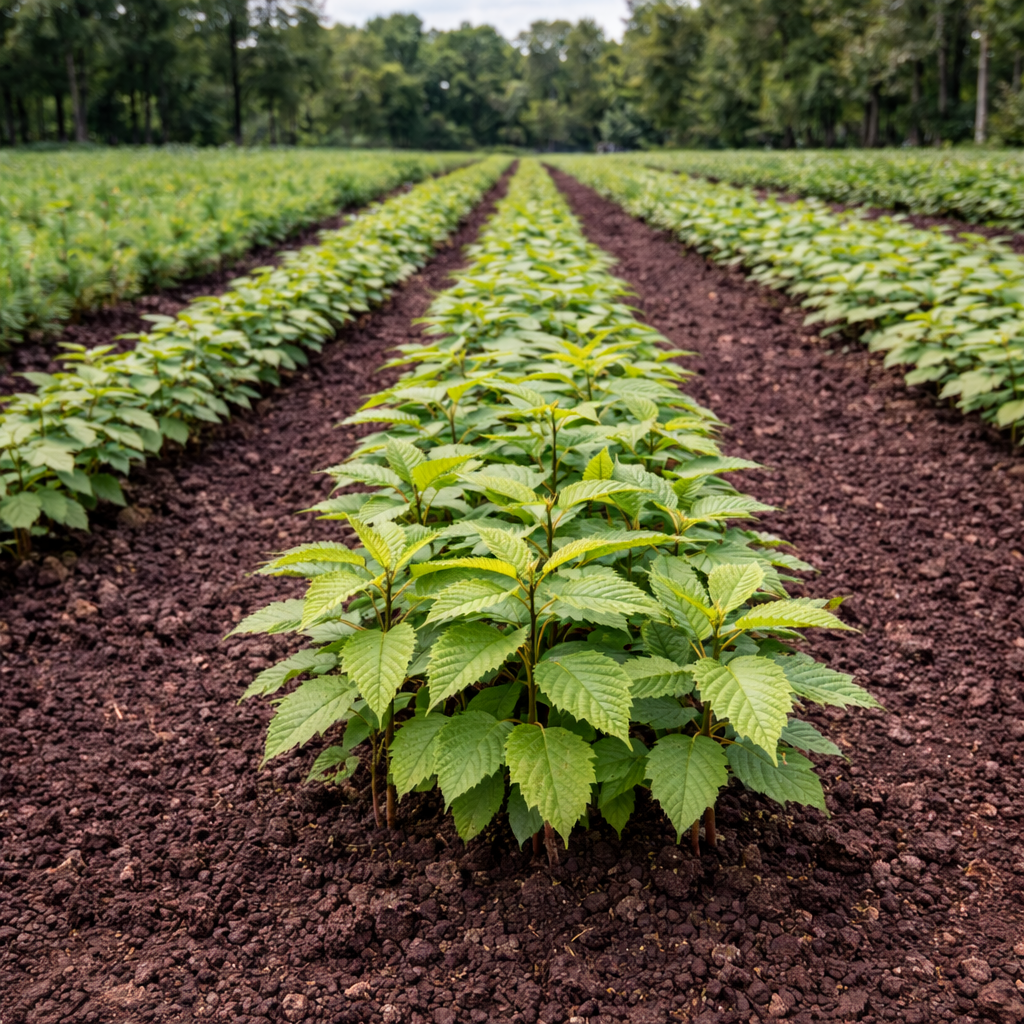 Rows of Chinese chestnut seedlings in vibrant green lines on dark soil