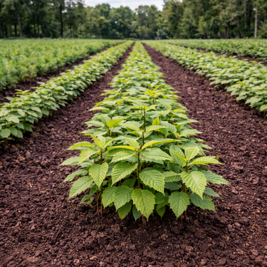 Rows of Chinese chestnut seedlings in vibrant green lines on dark soil