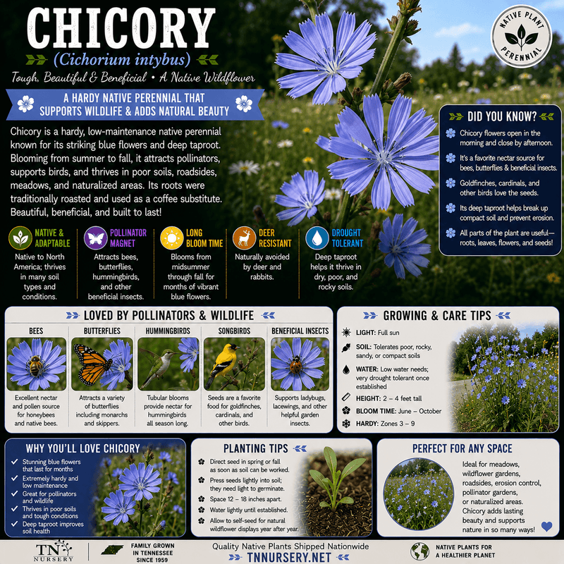 An educational infographic poster about Chovy (Cichorium intybus) from TN Nurseries, featuring purple flowers, growth tips, pollinator benefits, and planting instructions on a white background.