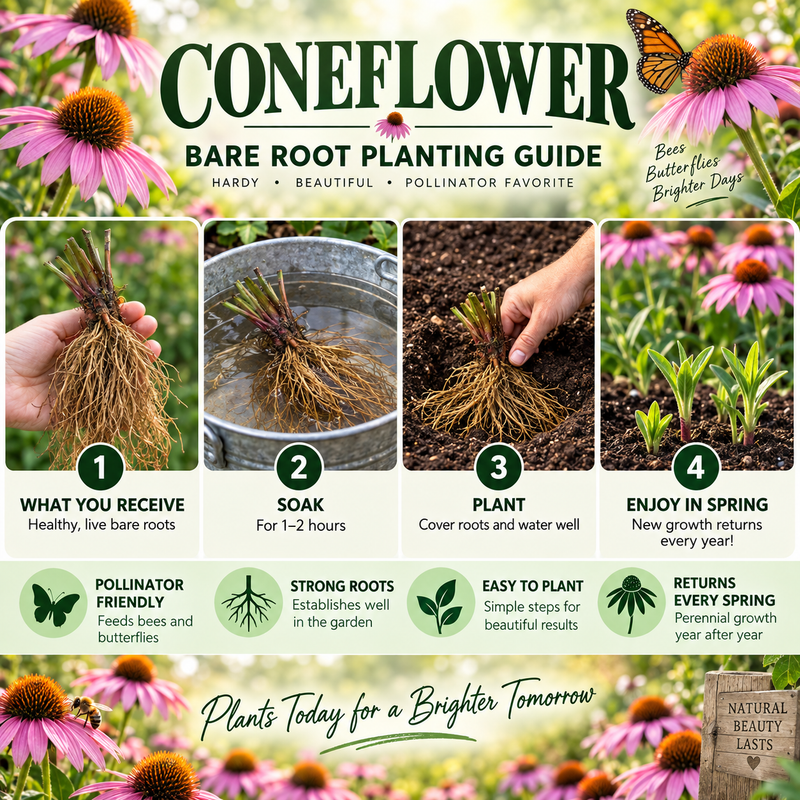 A promotional graphic for a Coneflower Bare Root Planting Guide, featuring four numbered steps: receiving live bare roots, soaking in water, planting in soil, and enjoying a new growth return in spring. The background is filled with pink coneflower blossoms and a butterfly, with text highlighting pollinator-friendly qualities and natural beauty.