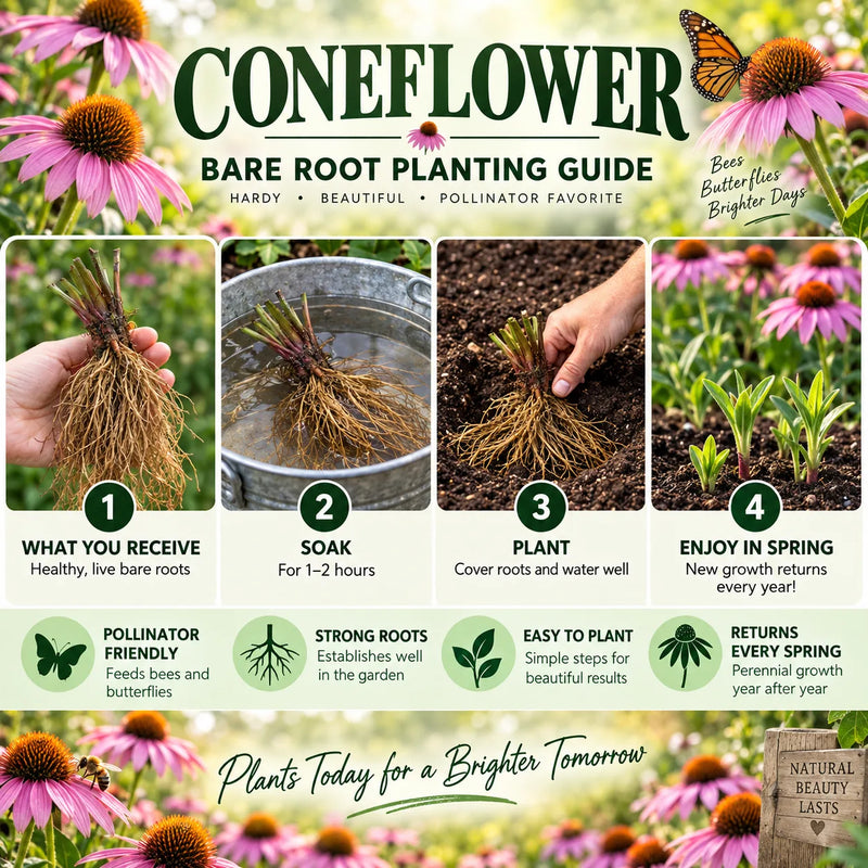 A promotional graphic for a Coneflower Bare Root Planting Guide, featuring four numbered steps: receiving live bare roots, soaking in water, planting in soil, and enjoying a new growth return in spring. The background is filled with pink coneflower blossoms and a butterfly, with text highlighting pollinator-friendly qualities and natural beauty.