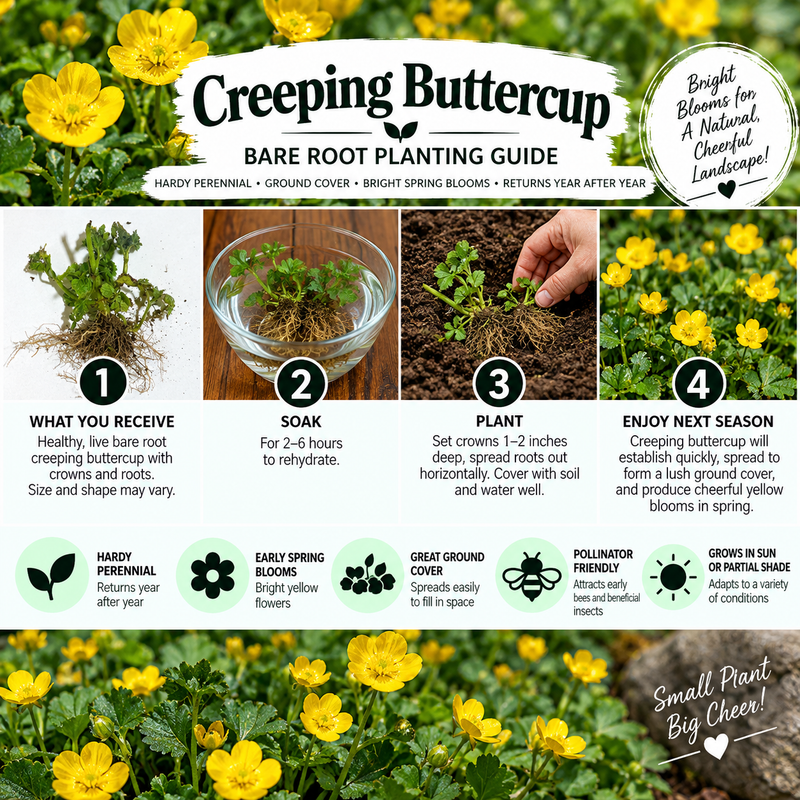 A bare root planting guide poster for Creeping Buttercup featuring step-by-step instructions, before-and-after photos of yellow flowers, and care information on a green background with flower imagery.