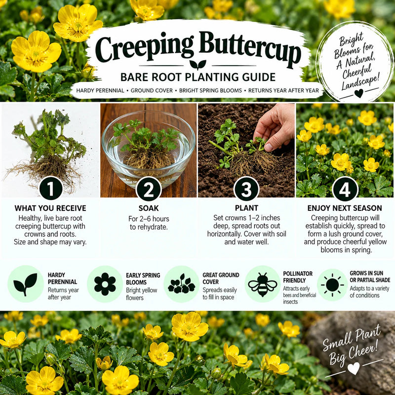 A bare root planting guide poster for Creeping Buttercup featuring step-by-step instructions, before-and-after photos of yellow flowers, and care information on a green background with flower imagery.