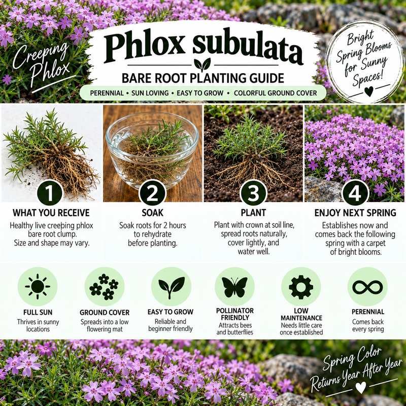 A comprehensive bare root planting guide for Phlox subulata (Creeping Phlox) featuring four illustrated steps: what the buyer receives, soaking the root clump, planting, and enjoying the spring blooms. The guide is decorated with photos of pink flowers and green foliage, with key features listed at the top and bottom.