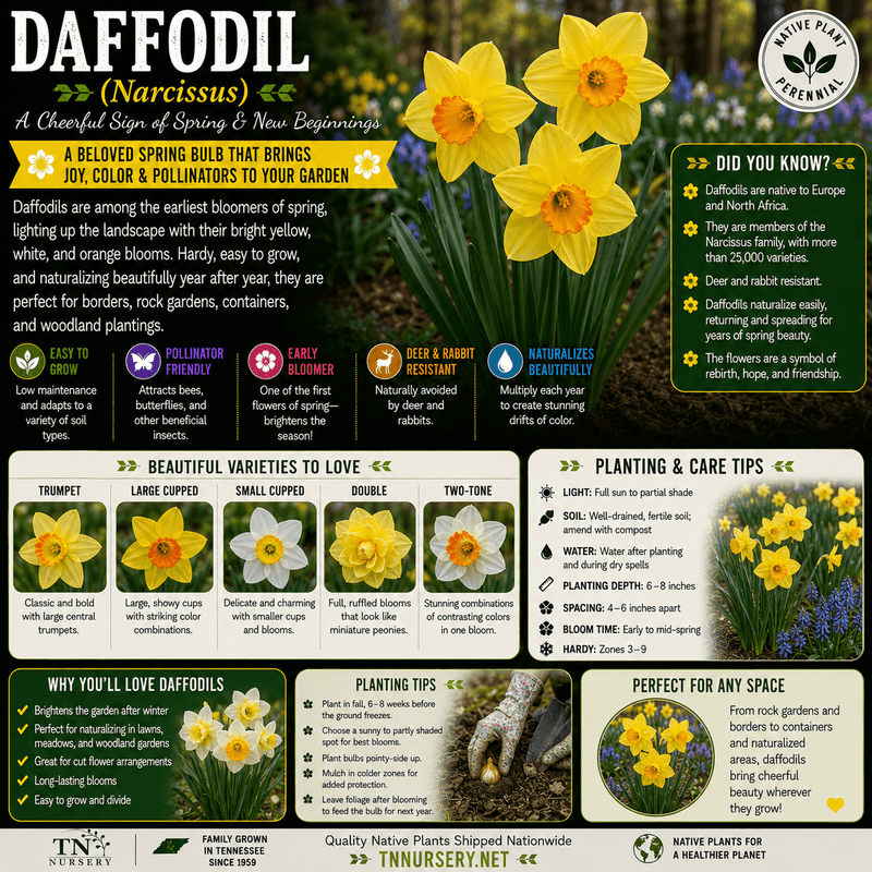 An educational garden sign poster about Daffodil (Narcissus), featuring bright yellow and white flowers, detailed text about care, varieties, and benefits, with a TNursery.net logo at the bottom.