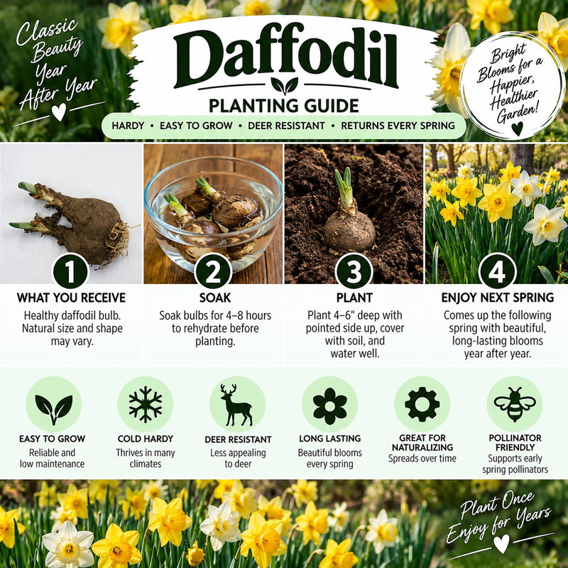 A Daffodil Planting Guide infographic with text and four numbered steps, plus a grid of yellow daffodil flowers. The guide includes tips on what you receive, soaking bulbs, planting, and enjoying the blooms next spring.
