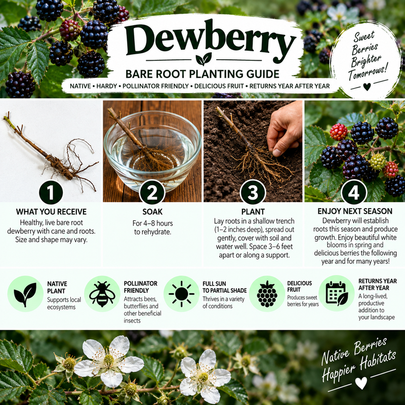 A Dewberry Bare Root Planting Guide infographic with step-by-step instructions, photos of bare roots, a glass of water for soaking, and icons detailing product attributes like native plant status and pollinator friendliness.