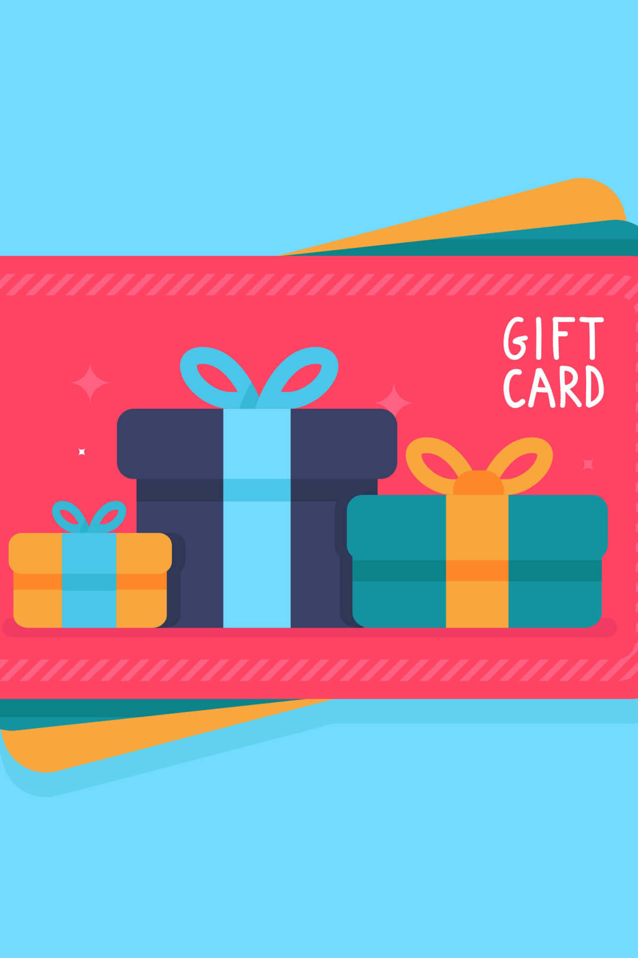 Red digital gift card with navy teal orange wrapped presents and bows