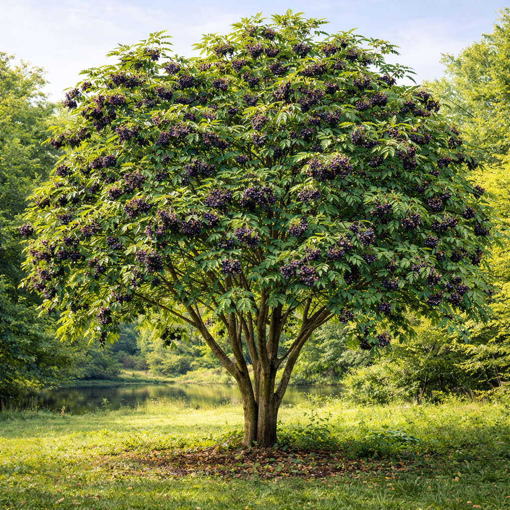 Elderberry Tree with lush green leaves and deep purple berries