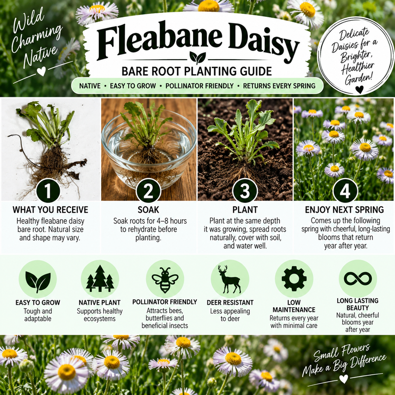 A Fleabane Daisy Bare Root Planting Guide infographic showing a 4-step process: What you receive, Soak, Plant, and Enjoy Next Spring. The graphic features a green and white color scheme with illustrations of fleabane daisies, a bowl of water for soaking, and icons highlighting key benefits like easy to grow and native plant.