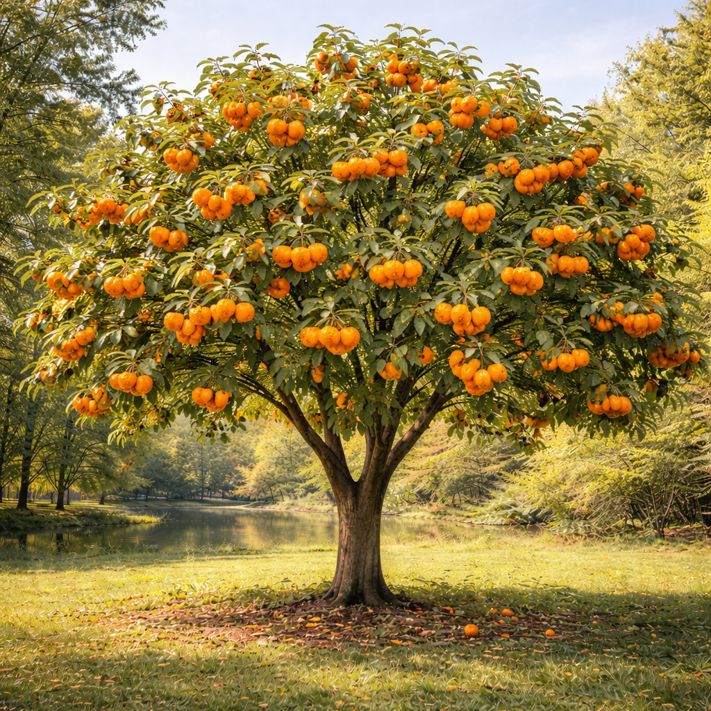 Lush Fuyu persimmon tree with vibrant orange fruit among green leaves