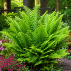 A large, vibrant green fern plant in full leaf, situated in a garden setting with colorful pink flowers and blurred trees in the background.