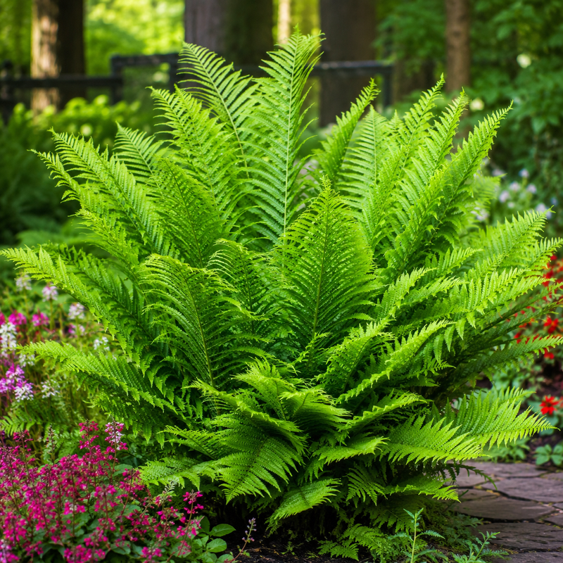 A large, vibrant green fern plant in full leaf, situated in a garden setting with colorful pink flowers and blurred trees in the background.