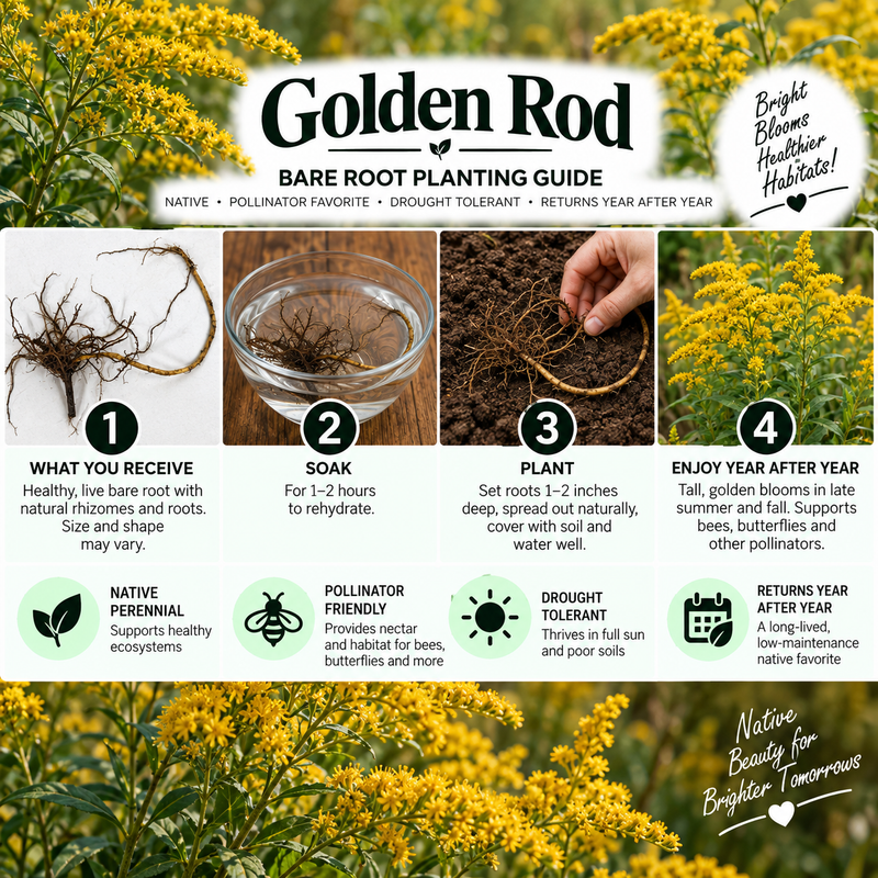 A Golden Rod Bare Root Planting Guide infographic with four numbered steps: what you receive, soak, plant, and enjoy year after year. The graphic features photos of bare roots, a hand placing a root ball into soil, and a background of yellow wildflowers, with text detailing benefits like native perennial status and drought tolerance.