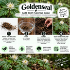 Goldenseal Bare Root Planting Guide infographic showing a four-step process: what you receive, soak, plant, and enjoy after year. Features photos of goldenseal roots, a glass bowl of soil, and blooming white flowers, with the Goldenseal brand logo at the top.